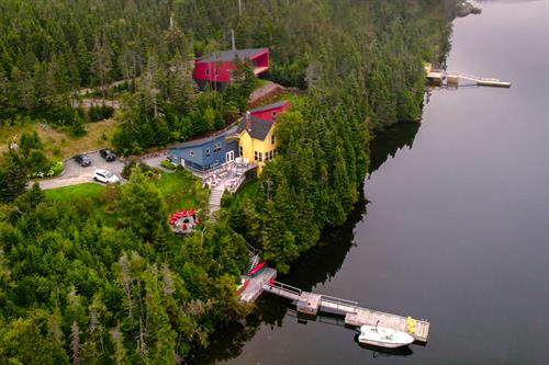 An aerial view of the Lodging at Goose Cove property. 