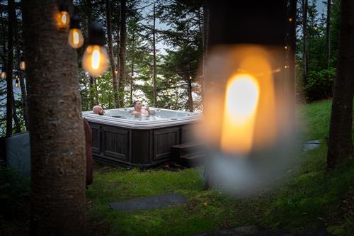 Guests enjoying the hot tub in the trees.