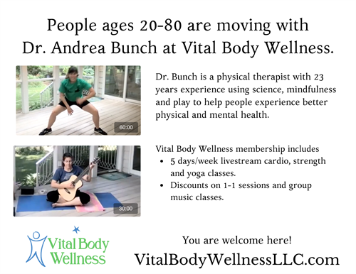Membership includes all weekly cardio, strength and yoga classes with Dr. Andrea Bunch