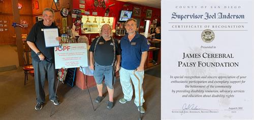Supervisor Joel Anderson's office recognition at our fundraiser on August 8th at Boll Weevil 