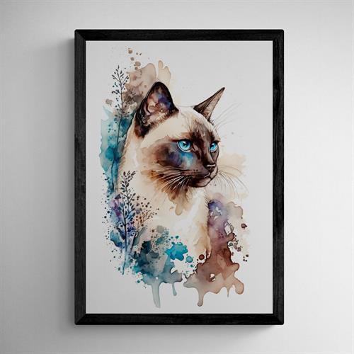 Siamese Cat Spirit Animal Framed Artwork | Mixed Media Watercolor Fine Art Print | Hand Embellished Bohemian Wall Hanging