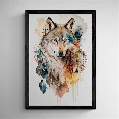 Wolf Spirit Animal Framed Artwork | Mixed Media Watercolor Fine Art Print | Hand Embellished Bohemian Wall Hanging