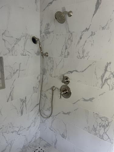 Brizo (Delta) shower valve with volume control and diverter serving main head and personal head