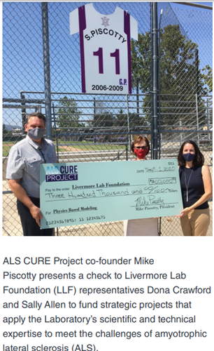 Presenting check to Sally Allen of the Livermore Lab Foundation for work at LLNL using supercomputers to find the cause of ALS.  On the fence behind, is the retired jersey of Amador Valley High School Alum Stephen Piscotty, with Gretchen Piscotty's initials on the jersey in her honor