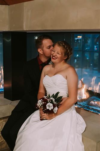 Wedding Couple by the fireplace in the Pacific Room at Ocean5