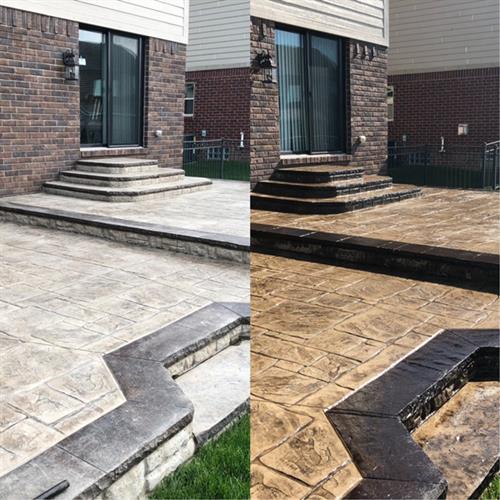 A before and after picture of a stamoed concrete pressure wash and sealing  project