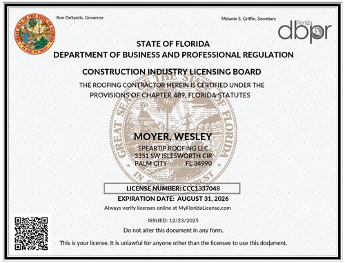 Florida Certified Roofing Contractor license (CCC1337048) held by SpearTip Roofing.
