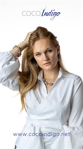 The BARDOT Cotton Tie Blouse with FRENCH 75 Pearl & Pyrite Necklace