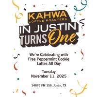 Kahwa Coffee Roasters in Justin Turns ONE! Free Peppermint Cookie Lattes All Day!