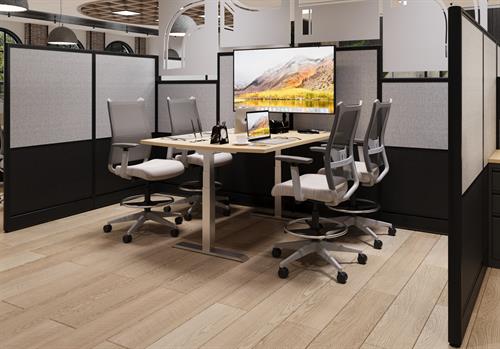Emeral Cubicle with Harmony Huddle sit to stand collaboration tables