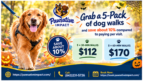 Grab a 5 pk of dog walks for 10% off! Your pet will thank you!