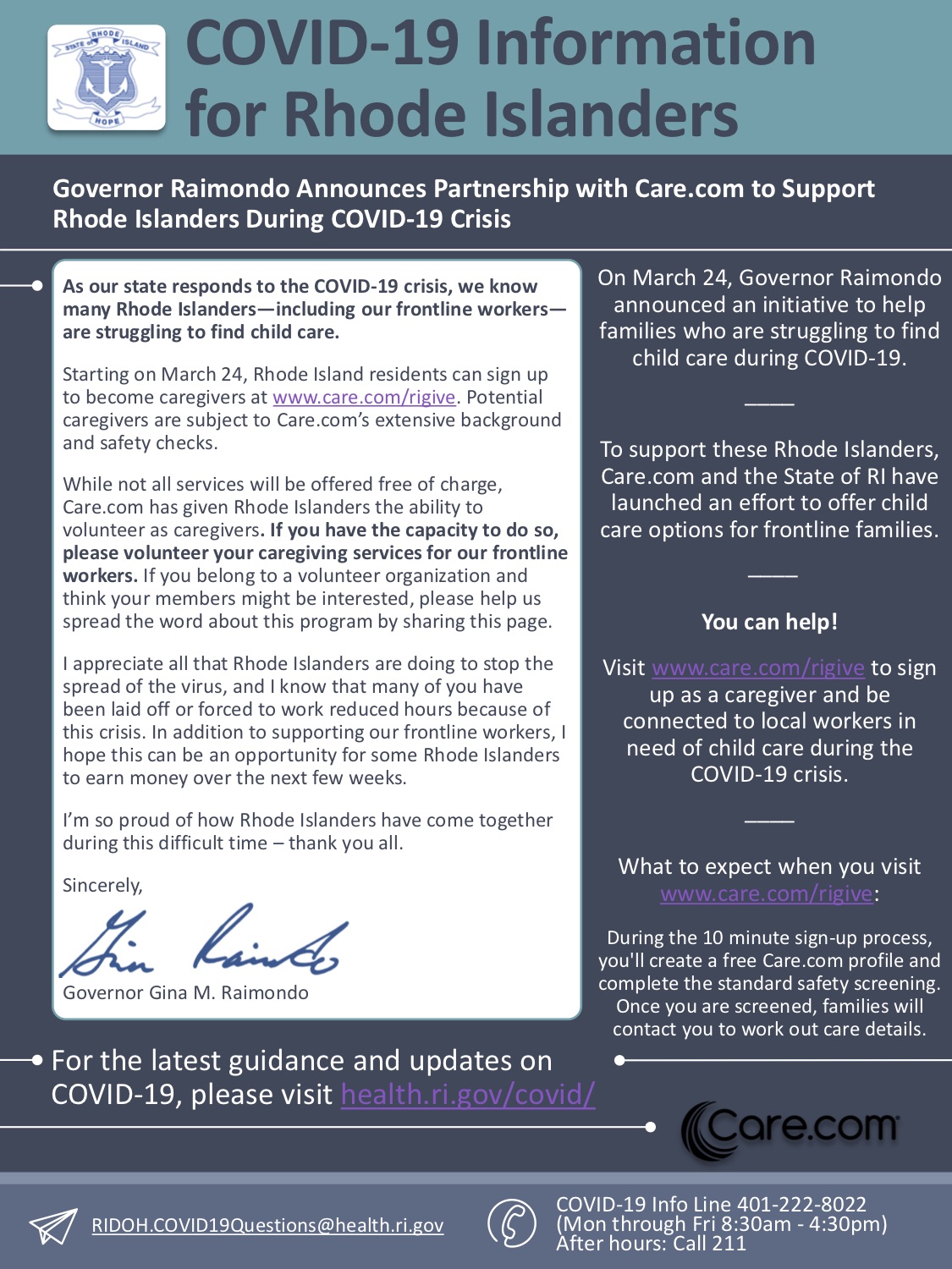 Governor Raimondo Announces Partnership with Care.com to Support Rhode Islanders During COVID-19 Crisis