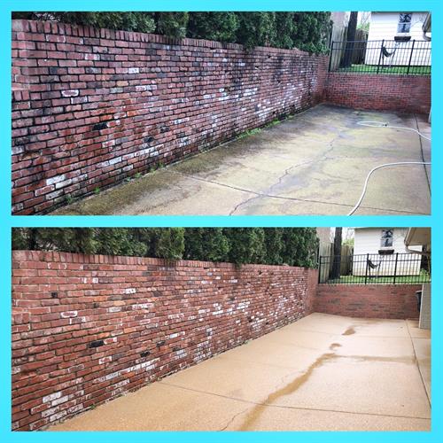 Driveway and Brick Wall in Hoover, AL. Look at the before and after on this one! You have to be careful when cleaning brick so we utilized out soft washing technique again to make sure the customers property is not damaged. 