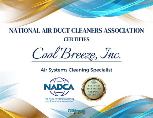 At Cool Breeze, Inc., we’re proud to be certified by NADCA, the National Air Duct Cleaning Association! This certification highlights our dedication to providing top-notch air duct cleaning services and maintaining exceptional indoor air quality standards. ???? Disclaimer: The certificate shown in this post is a representation and not the actual certification document issued by NADCA.