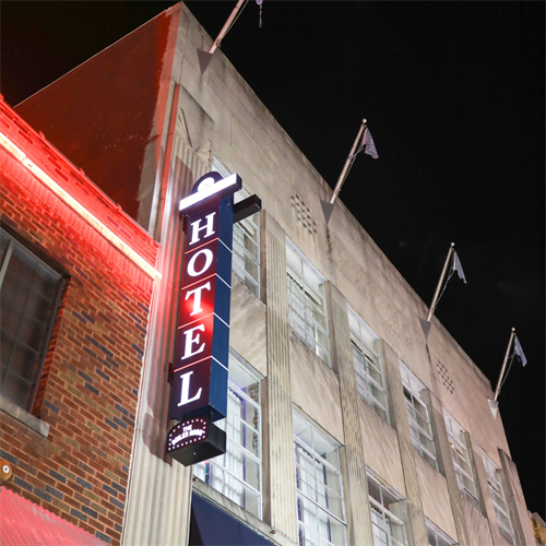 The Stricklin Hotel Exterior at Night