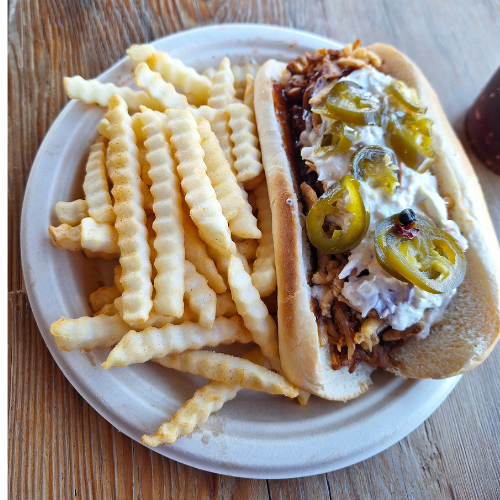 BBQ Pulled Pork Sandwich - Housemade Pulled Pork, French Fried Onions, Housemade Candied Jalapenos, Housemade Coleslaw