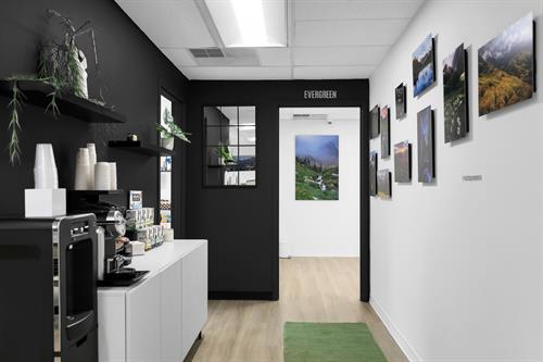 Complimentary coffee and tea bar. Landscape photography on the walls by @mattpaynephoto also available for purchase.