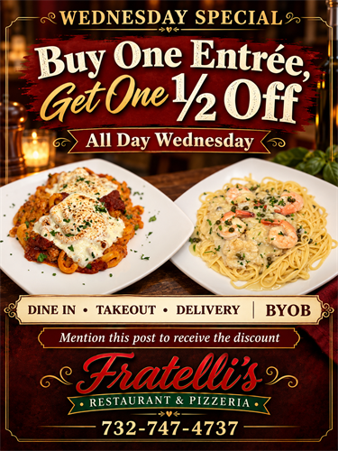 Wednesday Buy one Get one 1/2 off 