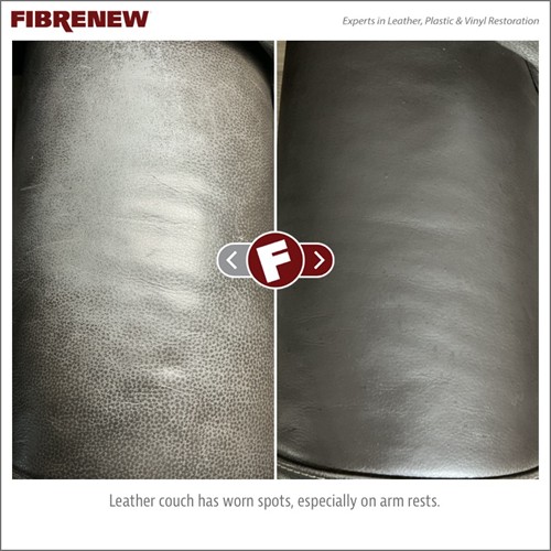 Before and after picture of redyed sofa arm rest