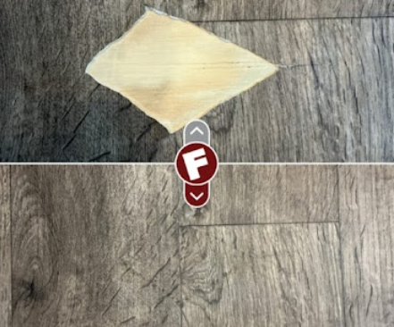 Before and after picture of repaired linoleum floor in RV.