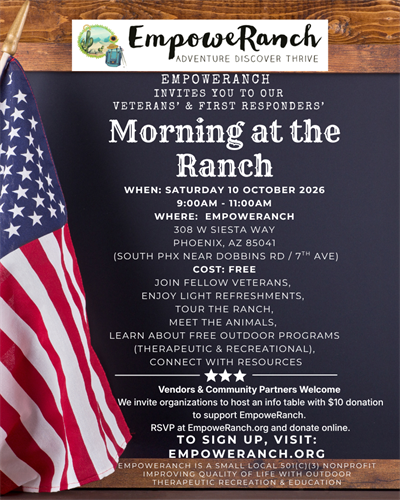 RSVP as an attendee or host a community resource table at our upcoming Morning at the Ranch for veterans, active duty military, and first responders Sat, Oct 10th!