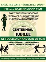 Venice Nokomis Woman's Club,  Save the Date,  March 20, 2026 Jubilee in honor of  club's 100th anniversary