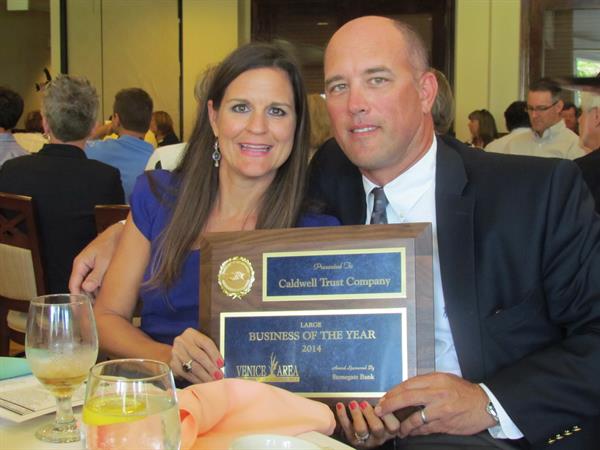 R.G. "Kelly" Caldwell, Jr., Chairman, President & CEO, and Melissa Caldwell Celebrate Caldwell Trust Company Winning the Venice Chamber Large Business of the Year Award – 2014