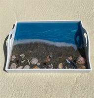 Handmade wooden tray with dolphin handles and resin embedded with real sand and shells.