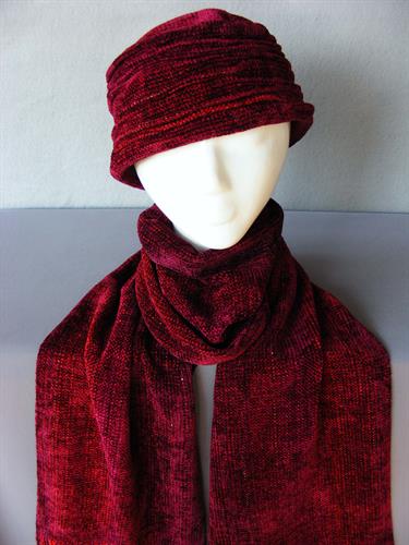 Hand woven rayon (a wood product) chenille hats and scarves since 1991. Reds.