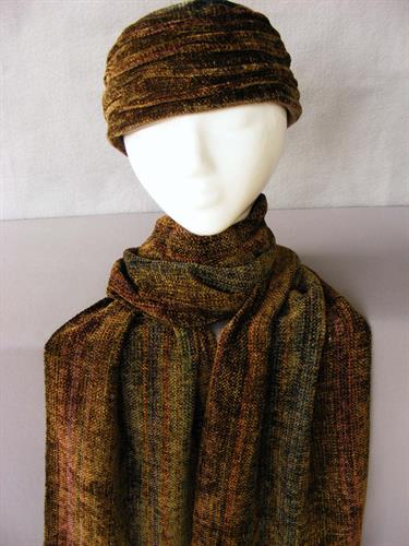 Hand woven rayon (a wood product) chenille hats and scarves since 1991. "Thanksgiving"