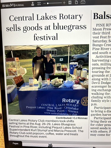Superintendent of PLHS Kurt Stumpf and Marcia Prescott of Central Lakes Rotary Club at the BlueGrass Festival 2026