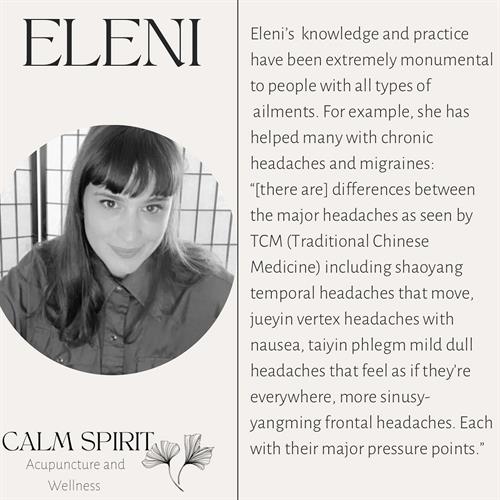 Meet Eleni, one of our talented Acupunctirsts.  Eleni will assist you in a treatment program based on your needs.  Eleni is also able to offer Chinese Herbs to help you on your journey.