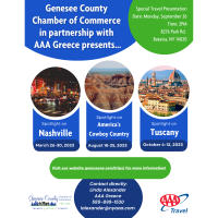 Genesee County Chamber of Commerce in partnership with AAA Greece presents spotlight on Nashville, America's Cowboy Country and Tuscany 2023