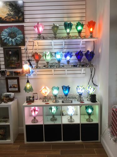 Fused glass lamps light up the store