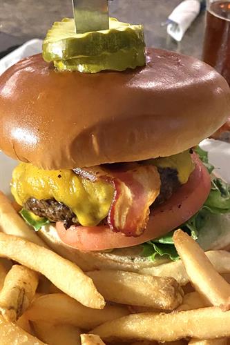 Burger and fries from The Frog and Monkey Restaurant