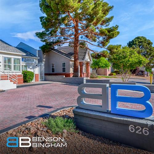 The front of Benson & Bingham Law Firm at 626 S 10th St proudly displays their logo, symbolizing reliable representation in personal injury matters.