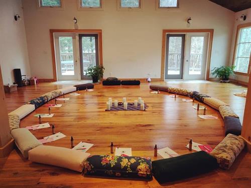 The Creekside Room set up for restorative yoga The Creekside Room set up for restorative yoga