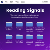 Are you good at reading signals? The Instagram Algorithm certainly is!? ? The most important information signals ( roughly in order of importance) are:? ? ??  How popular a post is – how many people have liked it? ?  ?? When it was posted? ? ? how long it is if it’s a video? ? ?? The location, if any? ? ?? Information about the person who posted.? ? ?? How interesting you might find the person? ? ? Your activity includes signals such as how many posts you’ve liked.