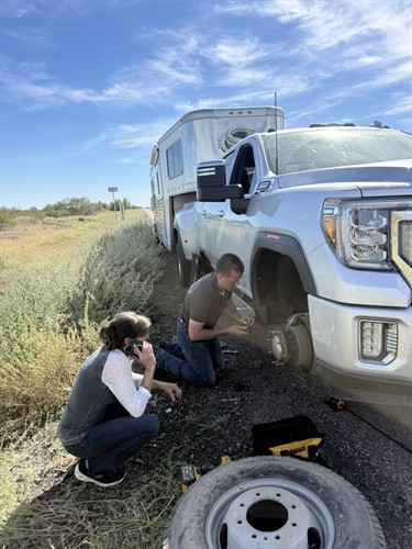 Roadside Assistance - Tire Change on Truck with Horse Trailer on Highway 79
