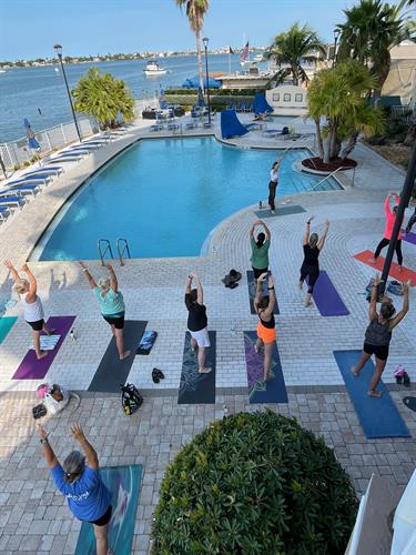 Poolside Yoga is a special event, most months with our host Courtyard by Marriott, Madeira Beach