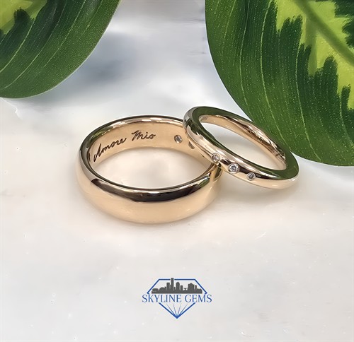 Custom Wedding Bands Crafted from Repurposed Parental Gold and Diamonds with Exact Laser-Engraved Handwritten Inscription