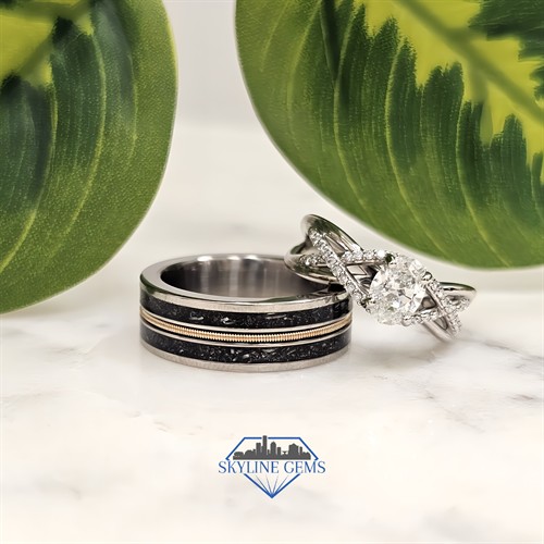 Dimaond Engagement Ring and Custom Mens Meteorite and Guitar String Tungsten band