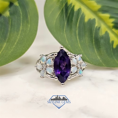 Custom Cherry Blossom Themed Amethyst, Opal, and Dimaond Platinum Engagement Ring