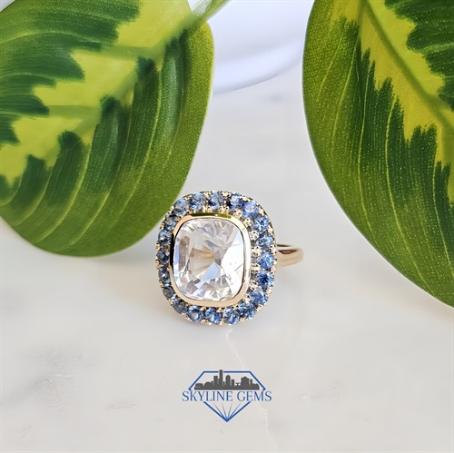 Custom 5.50ct Rainbow Moonstone and Teal Sapphire Ring