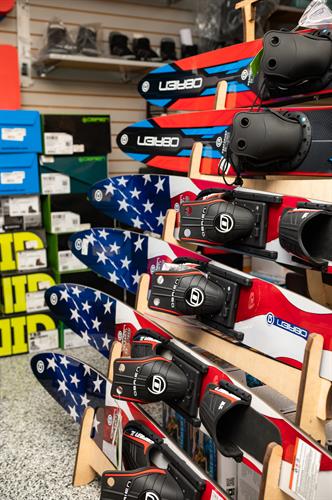 Stocked pro shop with the newest skis, wakeboards, surf boards, etc