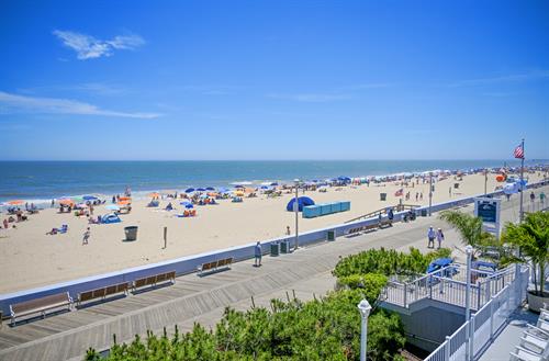 View of beach and boardwalk from Oceanfront rooms