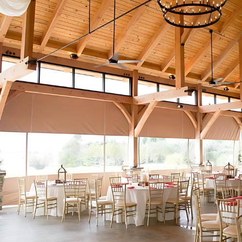 Inside view of the porch enclosure system at Weatherly Farm wedding pavilion 