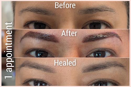 Before, After and beautifully Healed results of a powder brow tattoo