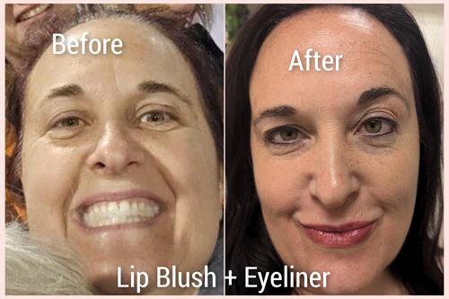 Lip Blush and Classic Eyeliner Tattoos show a beautiful transformation for a no makeup makeup look.