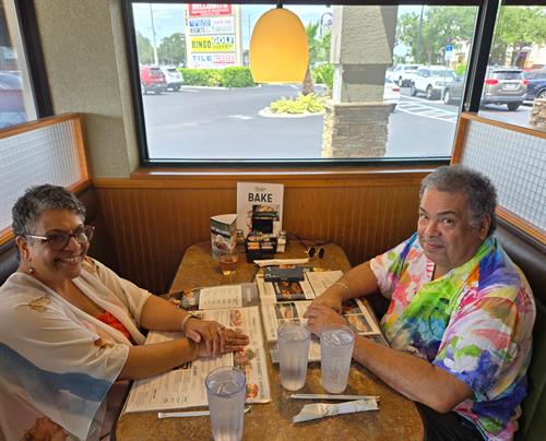 Bobbi and Pete (husband) taking a break at Perkins in Port Charlotte 